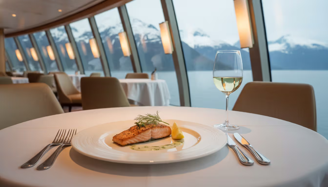 Elegant dining table on a luxury cruise ship with a gourmet salmon dish and wine glass near a panoramic window overlooking Alaskan mountains