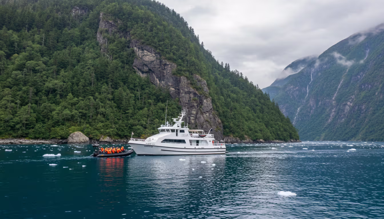 Small white expedition cruise ship in a narrow Alaskan fjord with a Zodiac inflatable boat carrying passengers toward a forested rocky shore