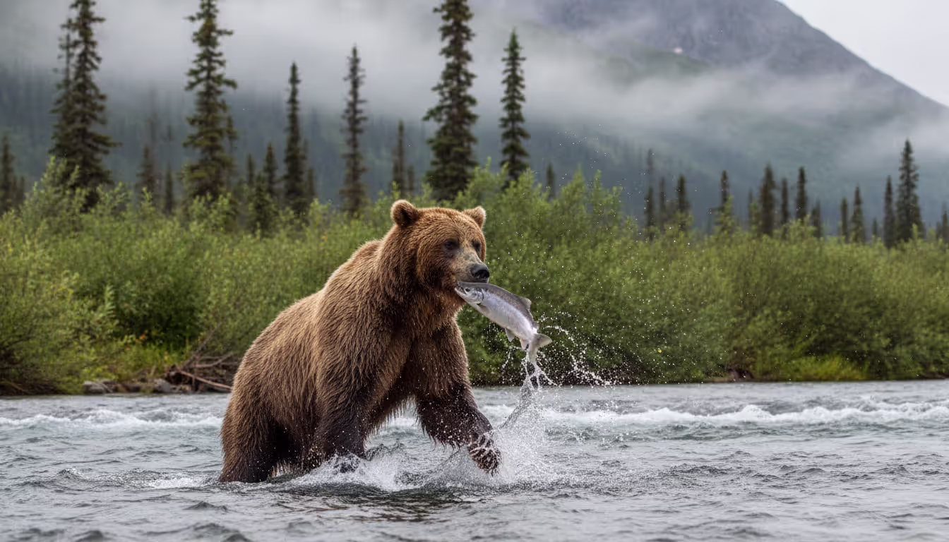 Large brown bear catching a jumping salmon in a shallow Alaskan river surrounded by green wilderness and misty mountains