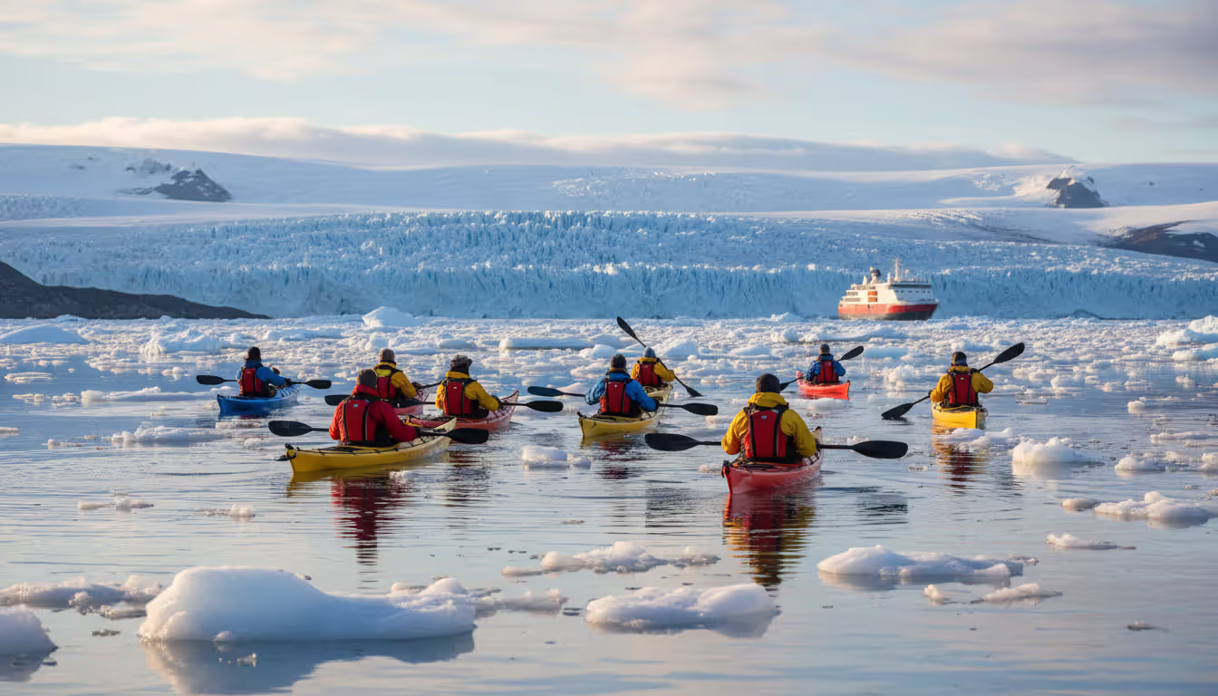 Group of kayakers in colorful jackets paddling among small icebergs near a blue glacier in Alaska with an expedition ship in the background