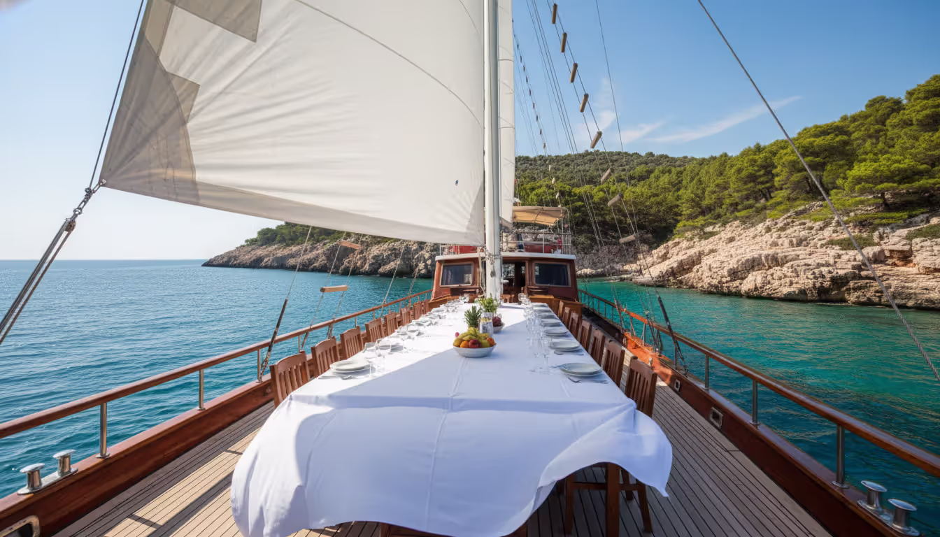 Traditional wooden gulet sailing along rocky Croatian coast with set dining table on stern deck