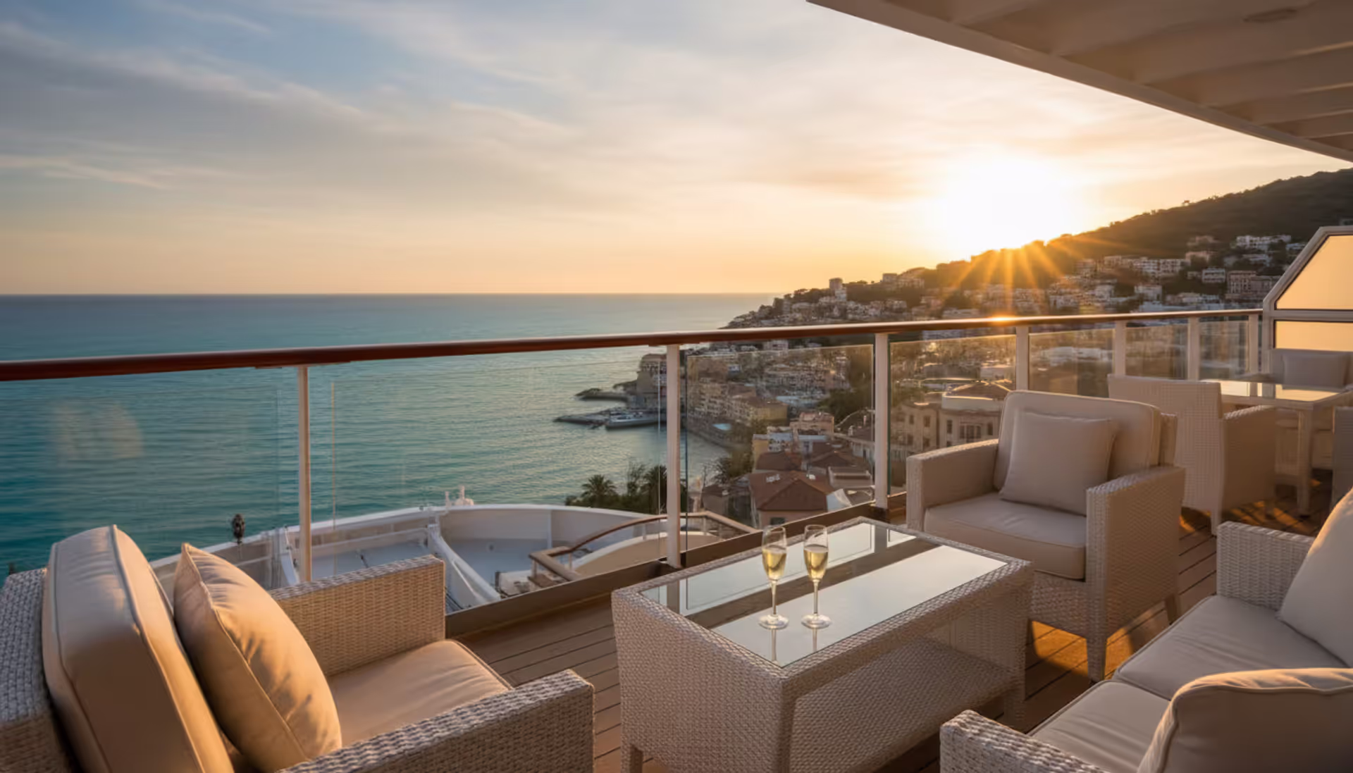 Sunset view from a luxury cruise ship suite veranda with champagne glasses on a table overlooking a Mediterranean coastal town