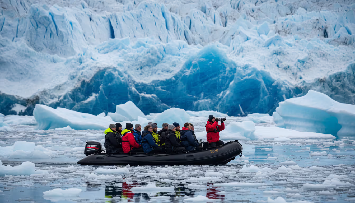 Group of passengers in a Zodiac inflatable boat near a massive blue glacier with floating ice pieces