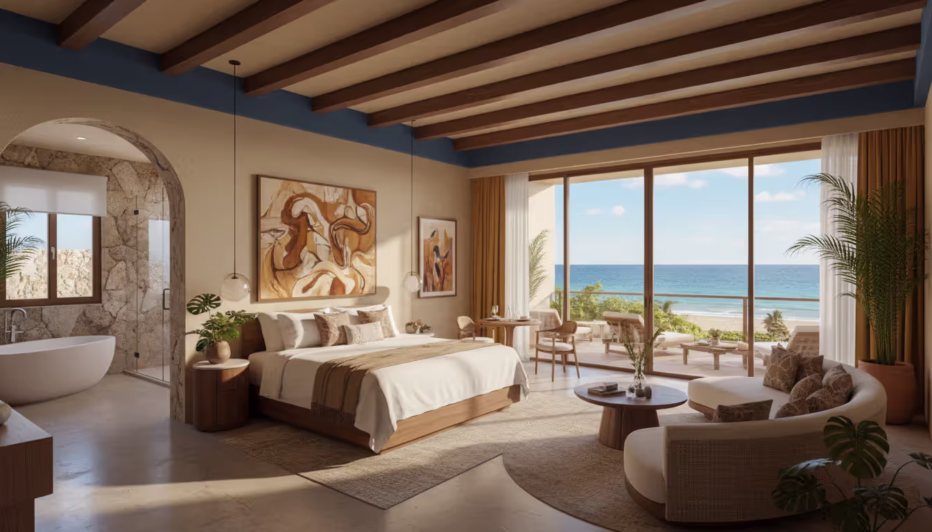 Spacious luxury suite interior at a Mexican resort with king bed, living area, ocean-view terrace, freestanding bathtub, and elegant warm-toned decor