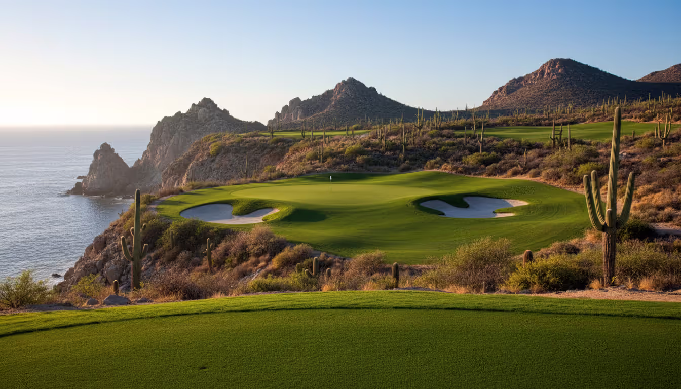Championship golf course in Los Cabos with green fairway, desert landscape with cacti, dramatic rocky cliffs, and deep blue Pacific Ocean in the background