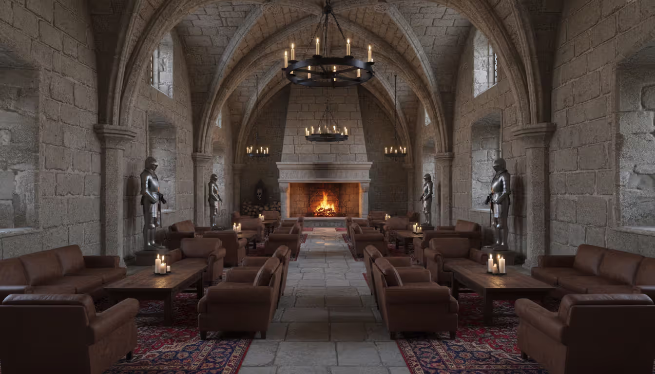 Medieval castle great hall converted into a hotel lobby with stone vaults fireplace iron chandeliers and antique armor