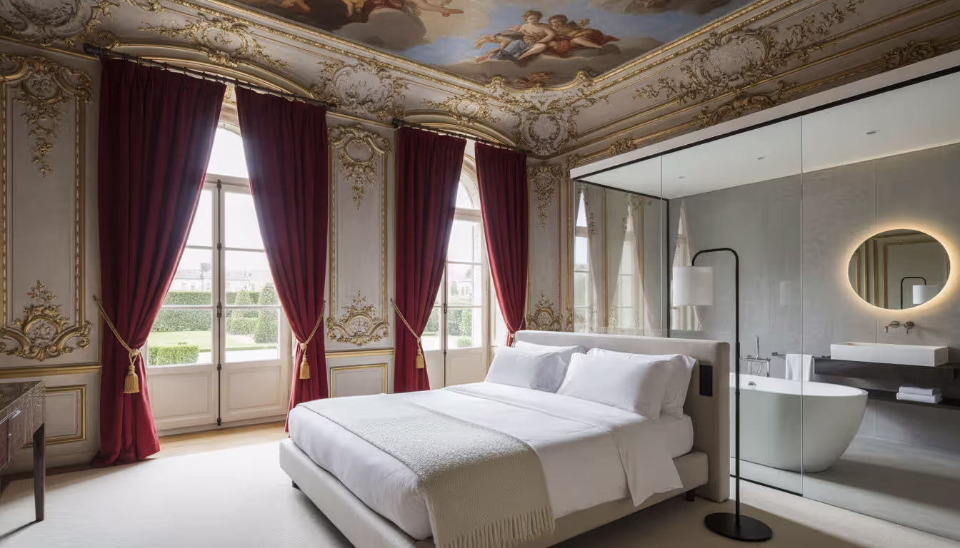 Baroque palace hotel room with frescoed ceiling gilded moldings and a modern bed blending historic architecture with contemporary comfort