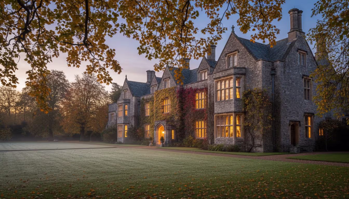 English stone manor house hotel in autumn with golden foliage warm window light ivy-covered facade and misty garden at dusk