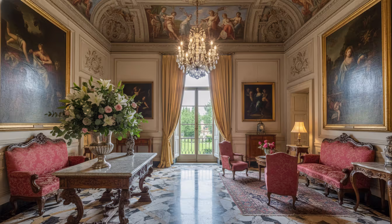 Elegant interior of a historic Italian palazzo hotel with frescoed ceilings, marble floors, antique furniture, and arched windows with natural light