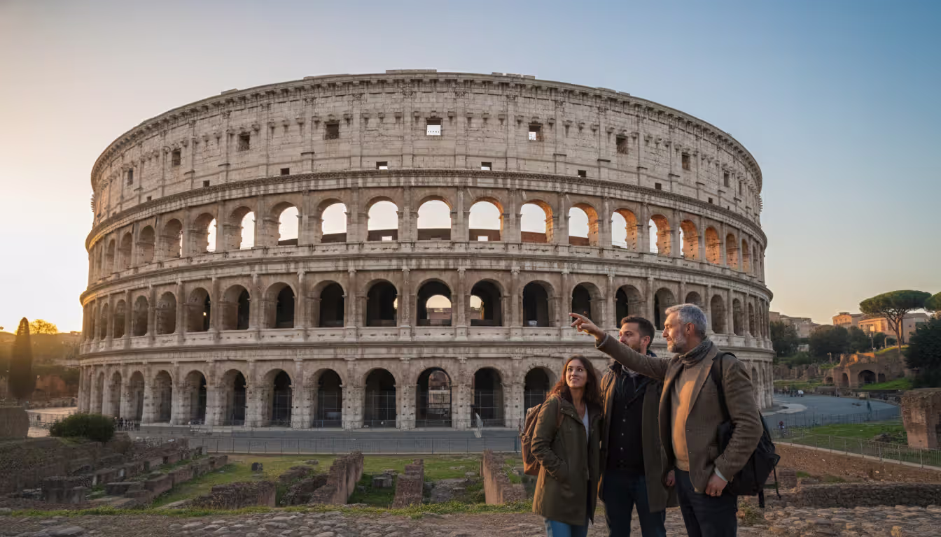 Small group with a private guide in front of the Colosseum in Rome during early morning with soft light and no crowds