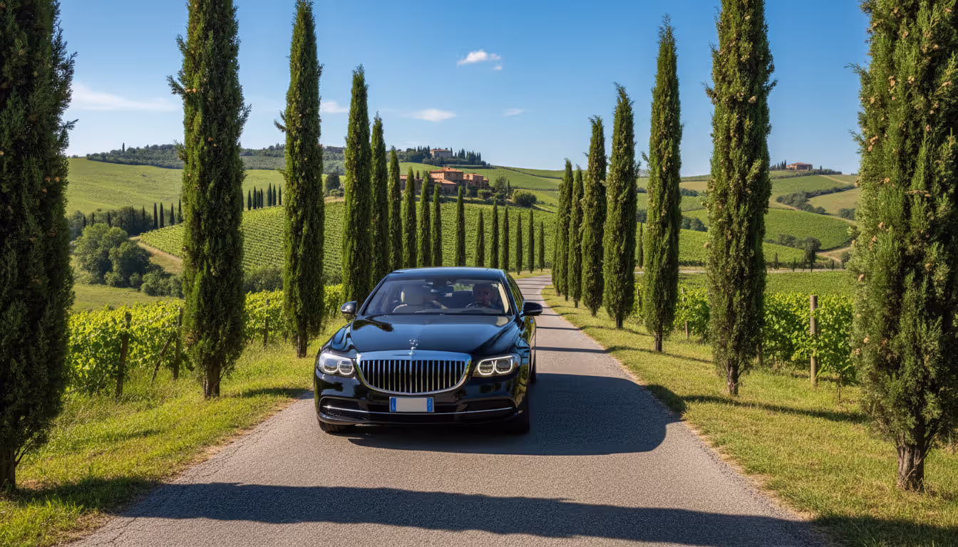 Luxury black car driving on a narrow Tuscan road lined with cypress trees, green vineyards, and rolling hills on a sunny day