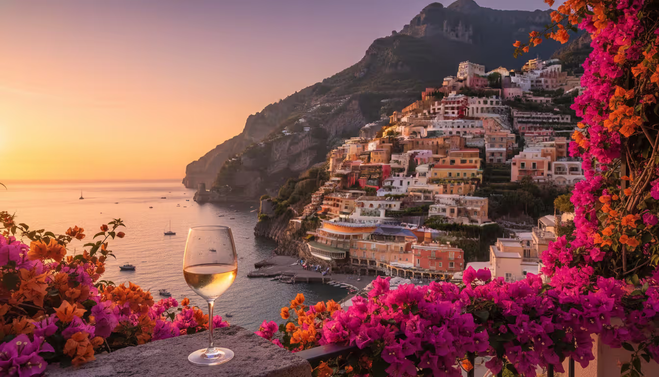 View from a private luxury hotel terrace in Positano at sunset with a glass of white wine, bougainvillea flowers, colorful hillside houses, and the sea