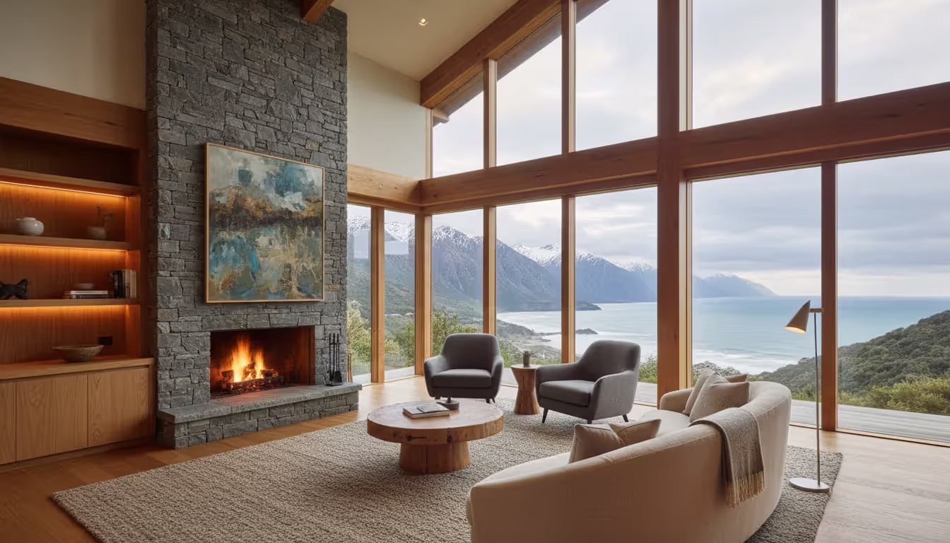Luxury lodge interior in New Zealand with floor-to-ceiling windows overlooking mountains, featuring natural wood and stone decor with a fireplace