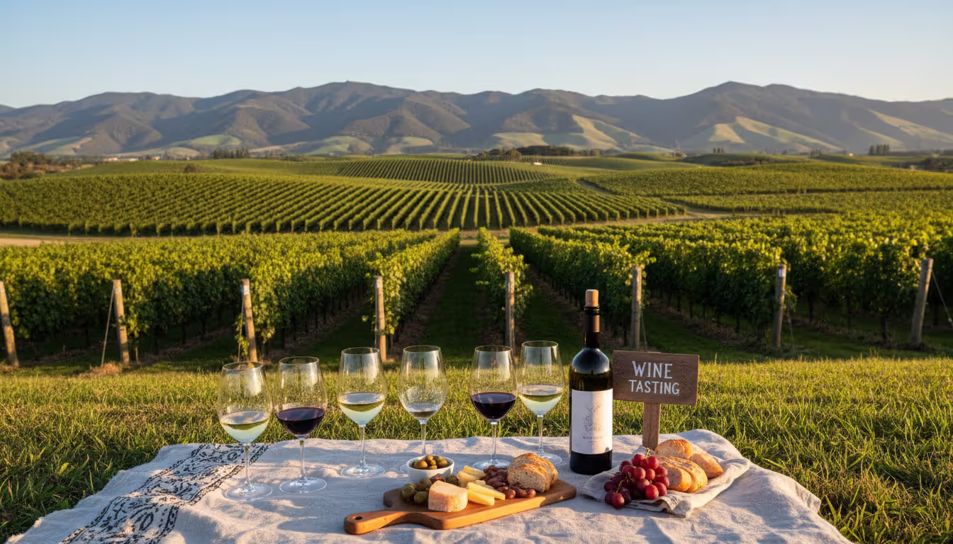 Vineyard in New Zealand wine region with rows of grapevines on rolling hills and an elegantly set outdoor wine tasting table in the foreground