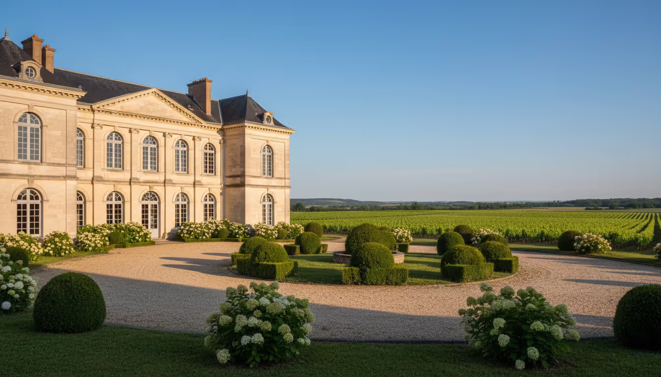 Classic French Bordeaux château surrounded by manicured vineyards under clear blue sky