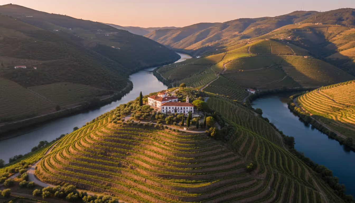 Douro Valley terraced vineyards descending steeply to the Douro River with a traditional white Portuguese quinta on the hillside at golden hour