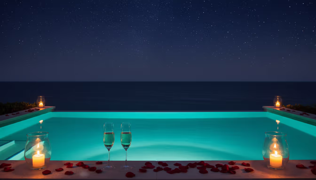 Romantic private pool illuminated with turquoise LED lights at night with champagne glasses and rose petals on the edge surrounded by candle lanterns with a starry sky and dark ocean in the background