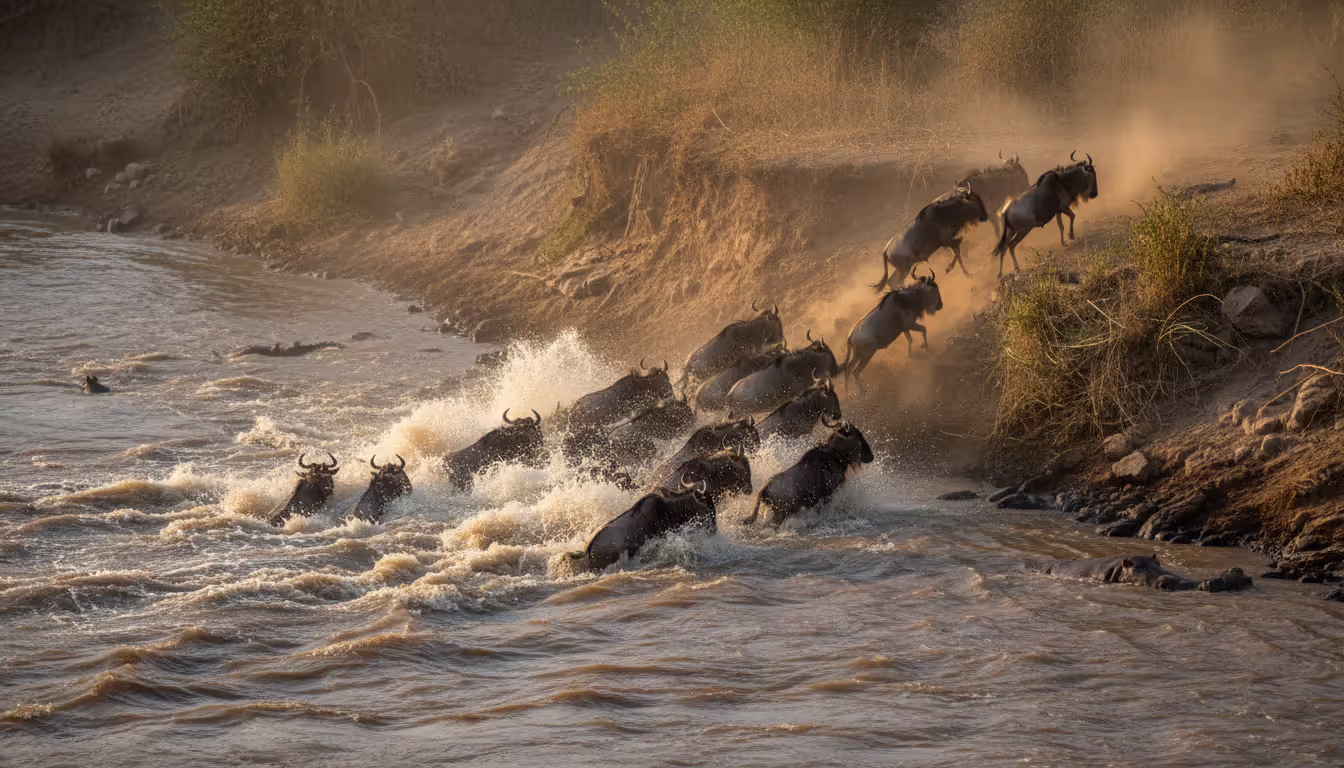Hundreds of wildebeest crossing the Mara River during the Great Migration with splashing water and steep riverbanks