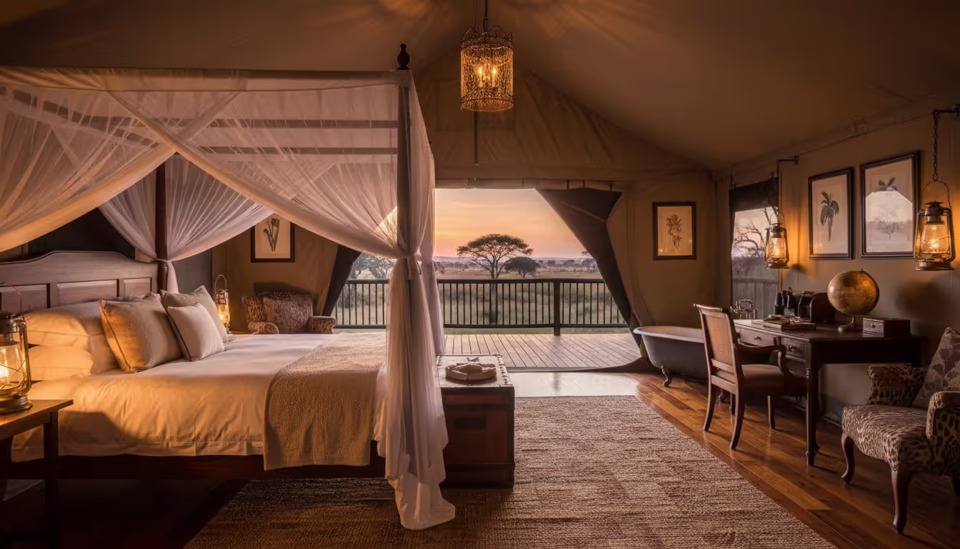 Interior of a luxury safari tent with white bed linens, mosquito net, wooden floor and open canvas flap revealing African savanna view
