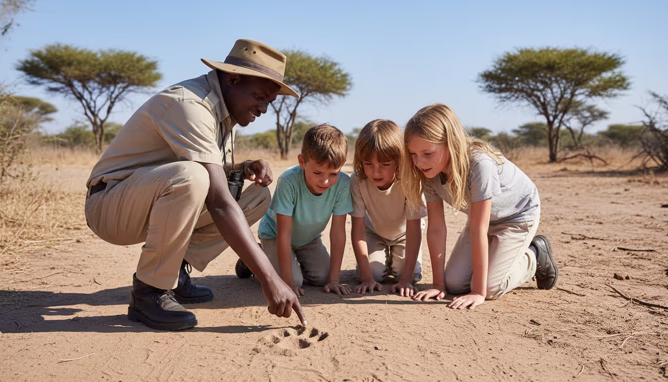 African safari guide showing animal tracks in the dirt to three children on a bush walk in the savanna