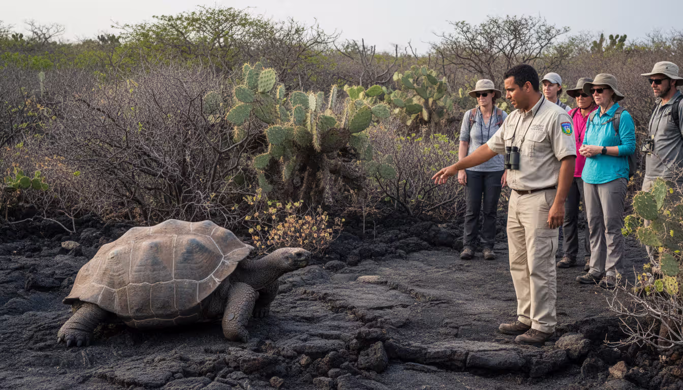Certified naturalist guide showing a small group of tourists a giant Galapagos tortoise on a volcanic lava trail surrounded by prickly pear cacti