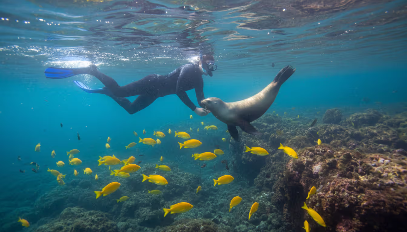 Snorkeler in a black wetsuit swimming with a playful young sea lion surrounded by yellow fish in clear Galapagos underwater scenery with sunlight rays