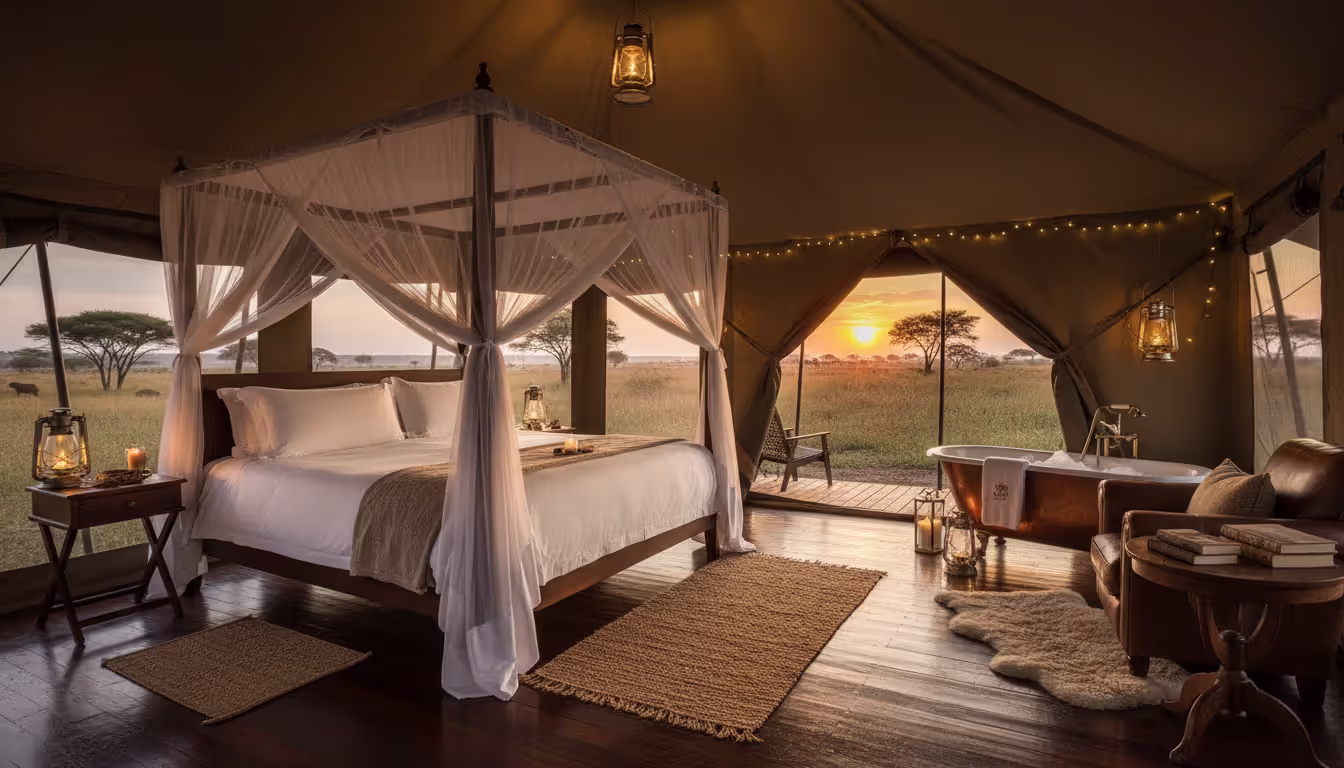 Interior of a luxury safari tent with a canopy bed, white linens, wooden floors, and open canvas walls overlooking the African wilderness