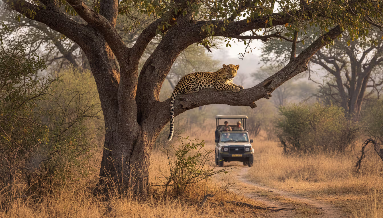 Leopard resting on a large tree branch in Timbavati private game reserve, soft morning light, dry grass and marula trees, safari vehicle in the distance