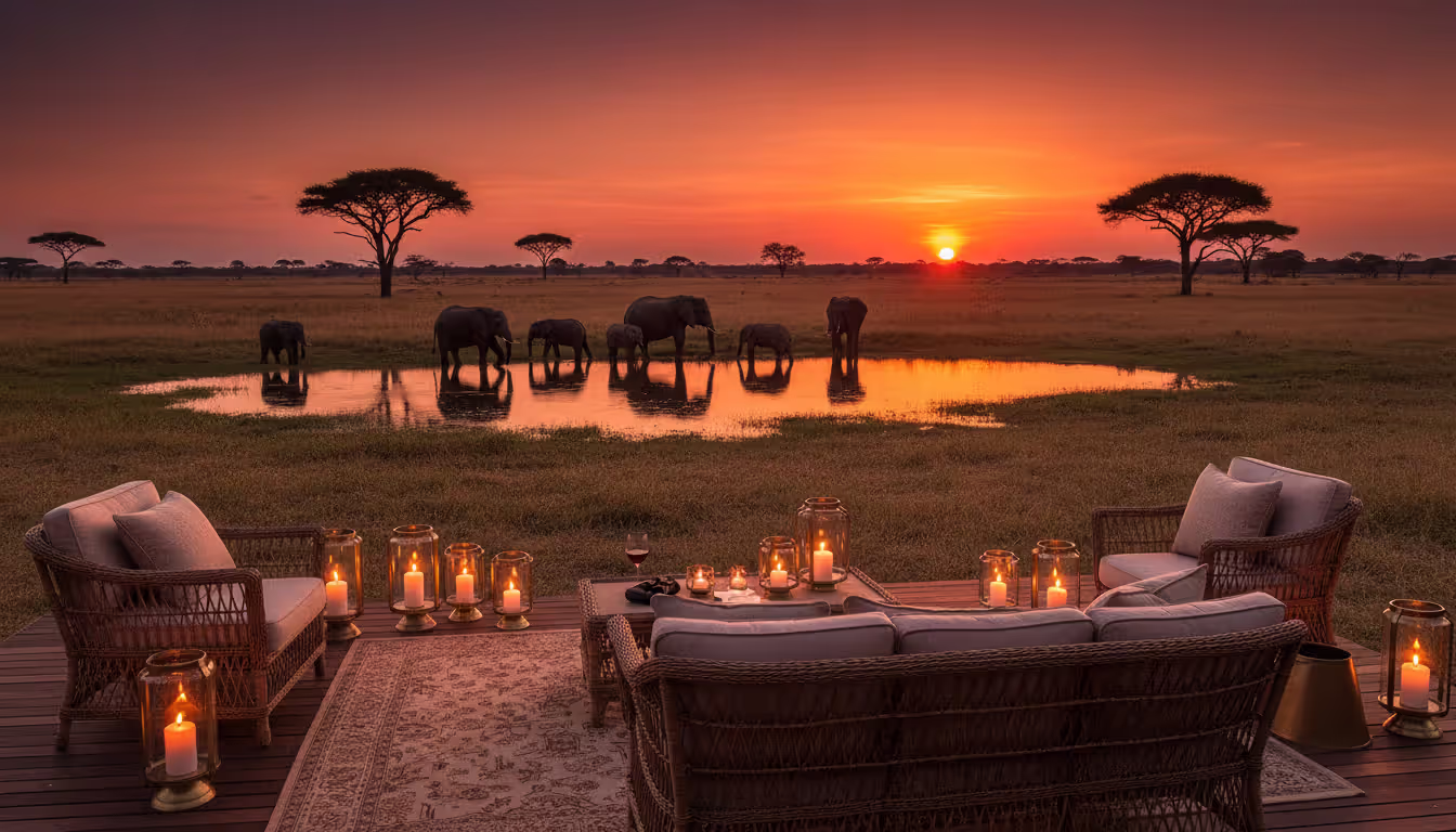 Luxury safari lodge terrace with elegant furniture and candles overlooking African savanna at sunset with elephants walking toward a watering hole