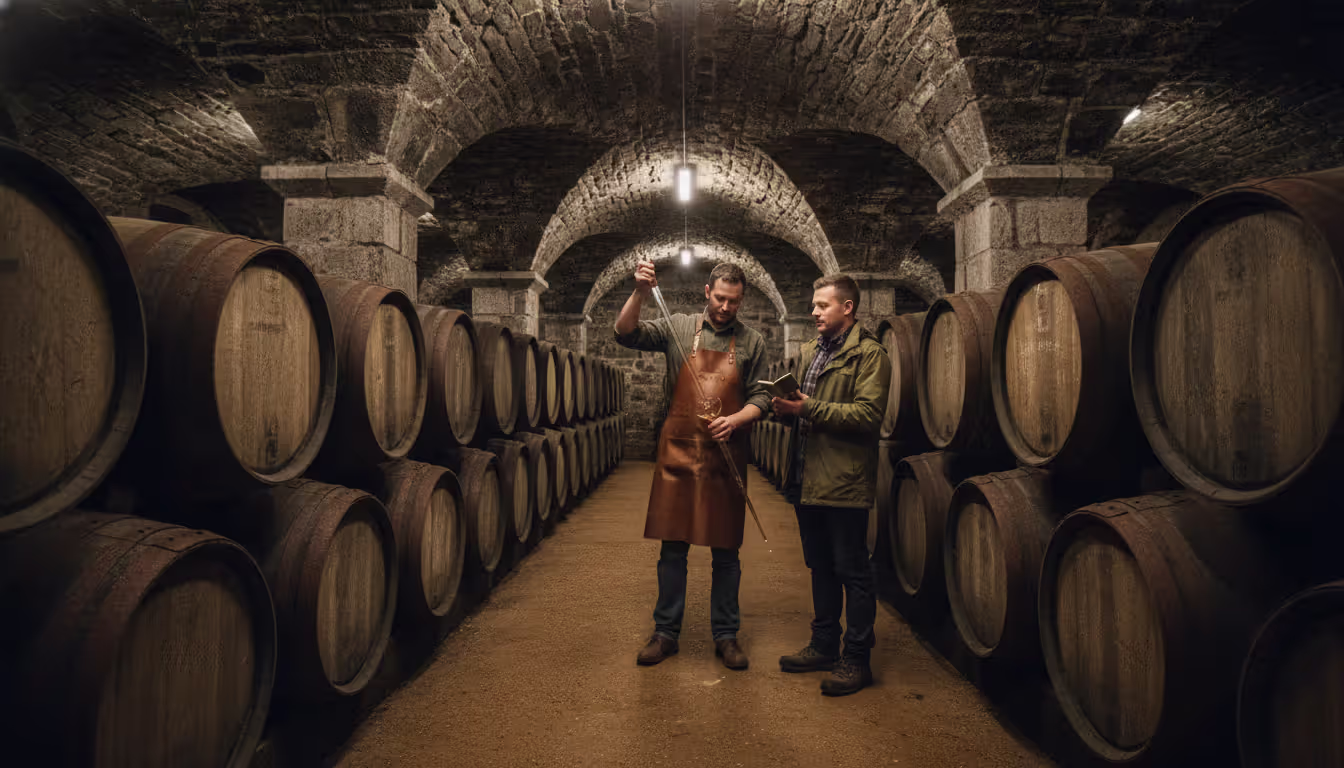 Interior of a traditional Scottish dunnage whisky warehouse with oak casks stacked on an earthen floor, a master distiller using a valinch to pour amber whisky into a tasting glass for two visitors