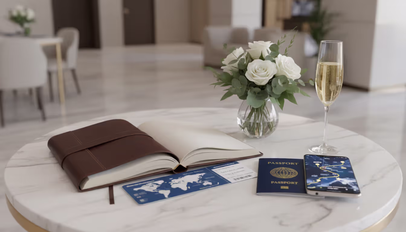 Elegant travel planning flat lay on marble surface with leather notebook, business class boarding passes, passport, smartphone showing route map, champagne glass, and fresh flowers in soft studio lighting