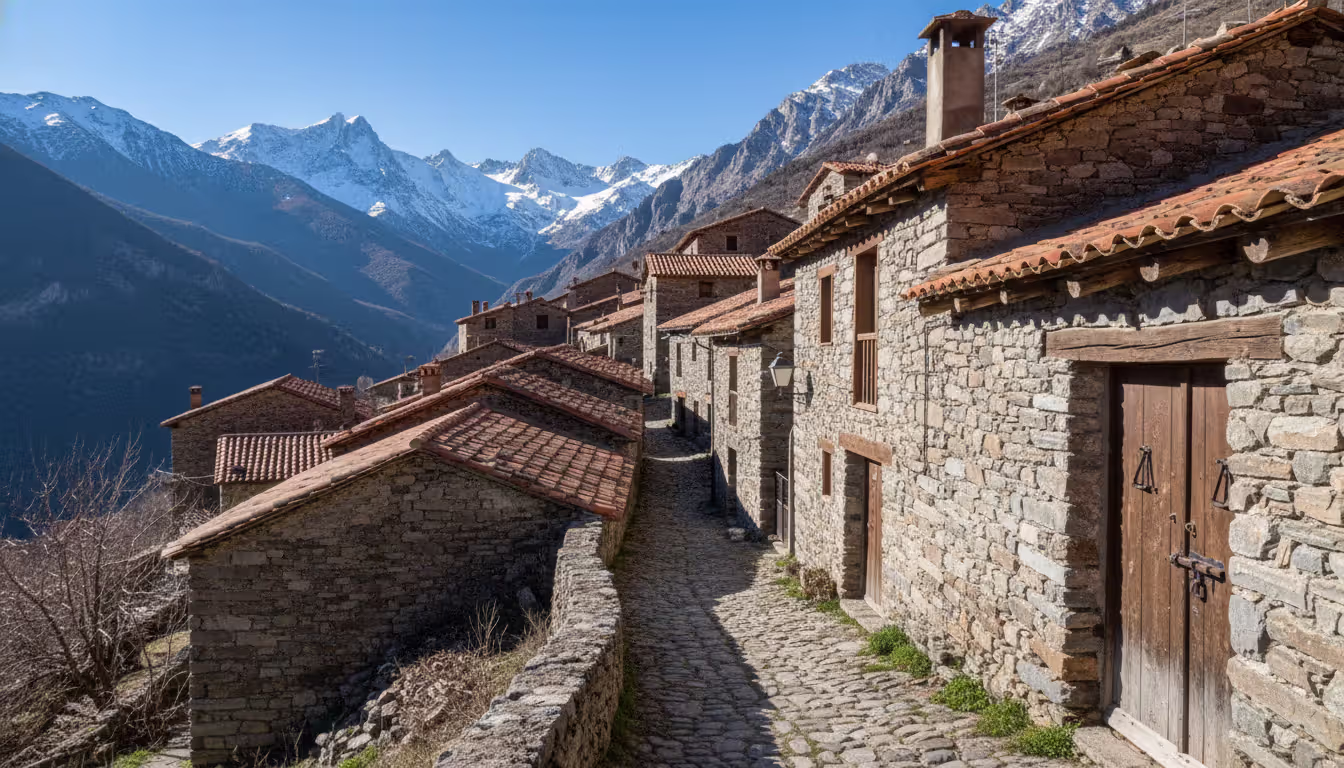 Ancient stone village in the Aragonese Pyrenees valley with narrow cobblestone street and snow-capped mountain peaks in the background under a clear blue sky