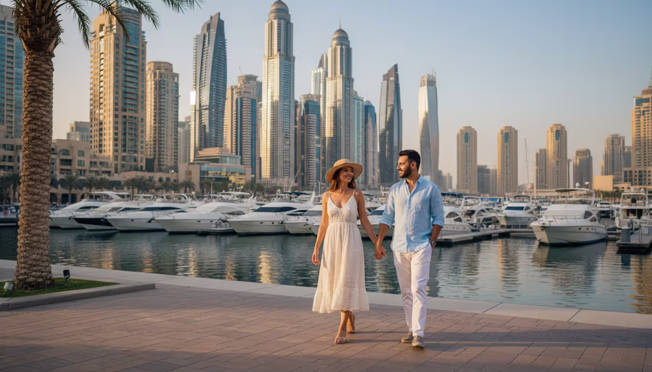 Elegant couple walking along Dubai Marina promenade at dusk with illuminated skyscrapers and luxury yachts in the background