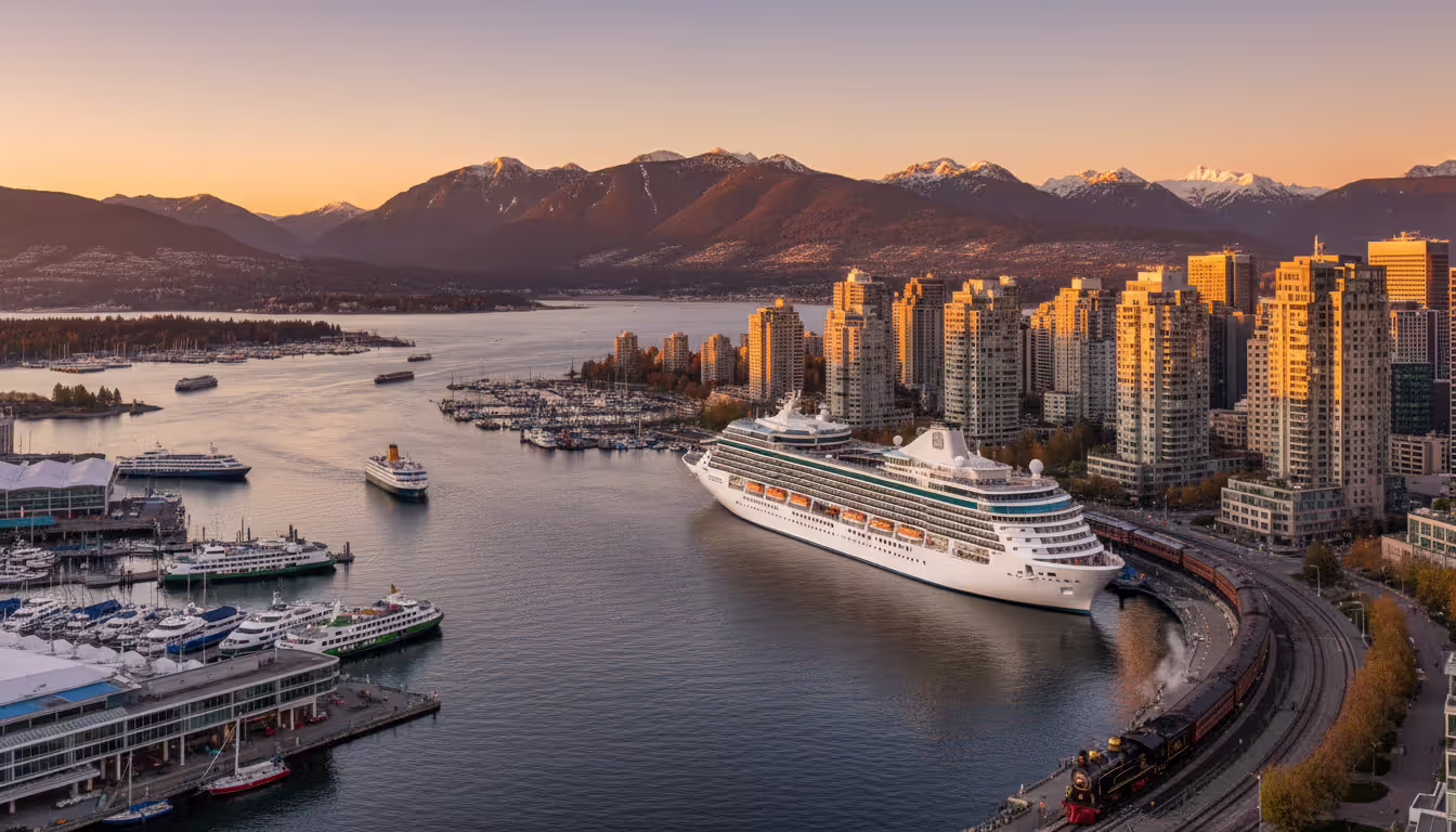Vancouver waterfront panorama at sunset with North Shore mountains in the background, modern city buildings, and a cruise ship docked at the harbor